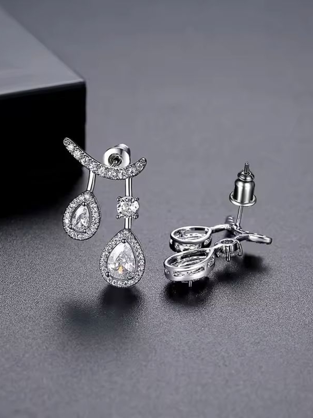 Silver Teardrop Crystal Dangle Earrings - Silver - Picture 9 of 12